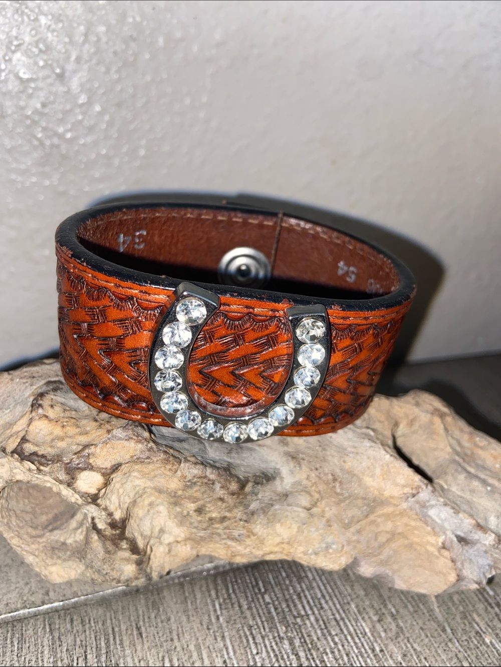 Vintage 90s Artisan Made Leather & Rhinestoned Horseshoe Cuff Bracelet